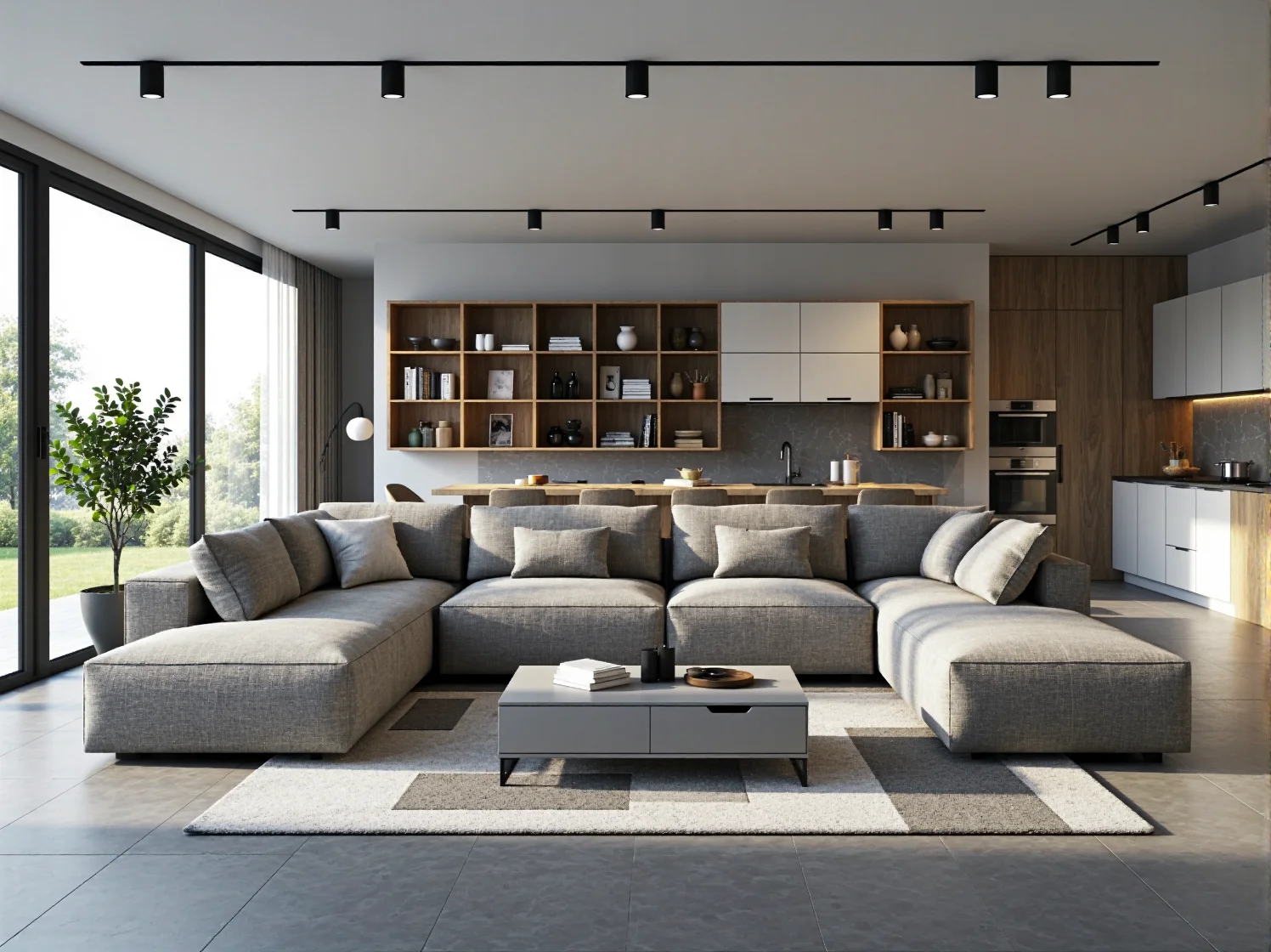 Szara sofa modułowa narożna z miękkimi poduszkami dekoracyjnymi