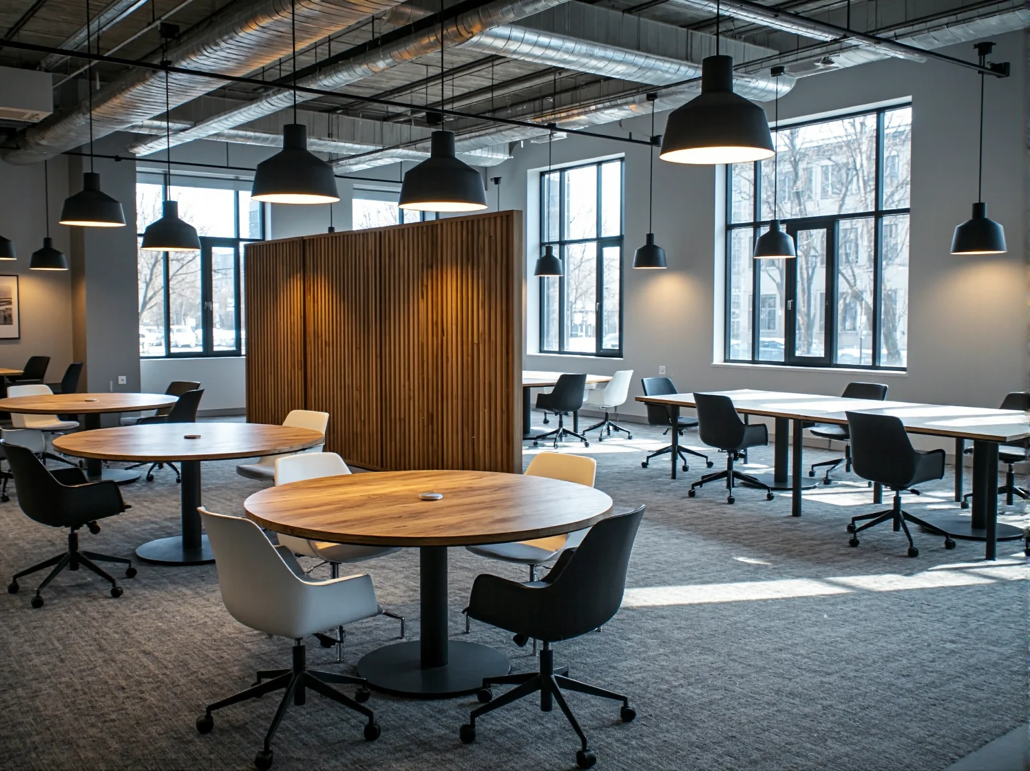 Stół coworkingowy z przegrodami zapewniający prywatność i skupienie w czytelni.