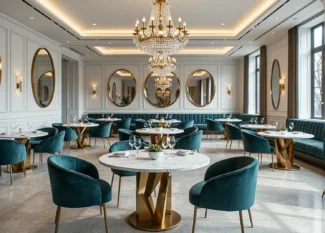 Elegancki stół glamour z białym marmurowym blatem i złotą podstawą