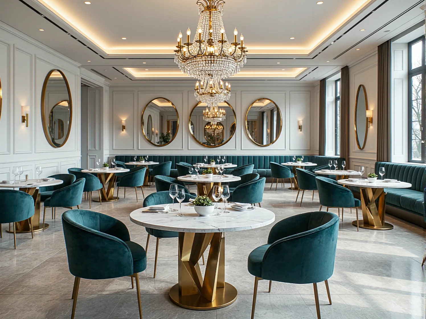 Elegancki stół glamour z białym marmurowym blatem i złotą podstawą