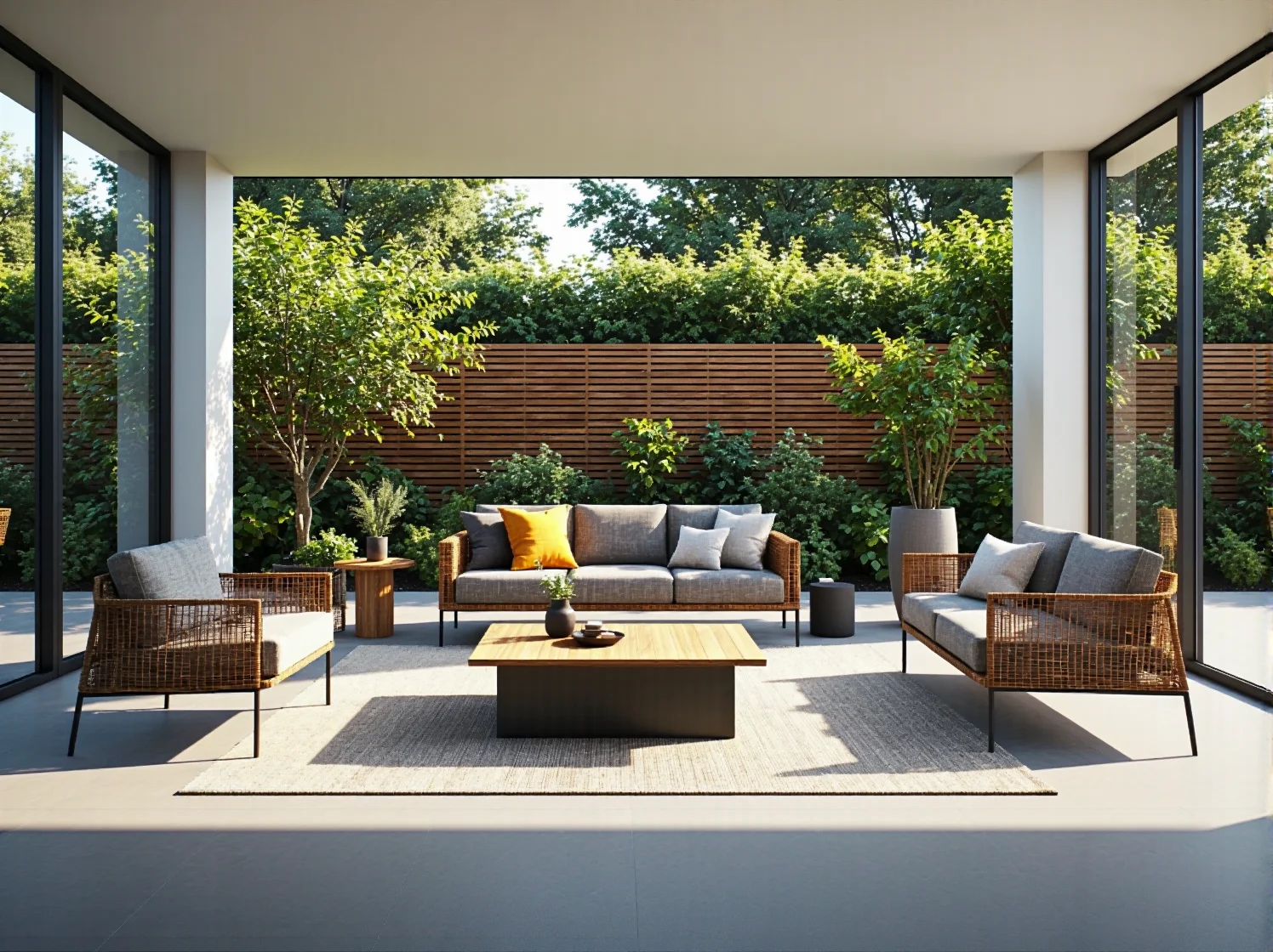 Elegancki stół z drewna teak w nowoczesnej hotelowej przestrzeni wypoczynkowej.