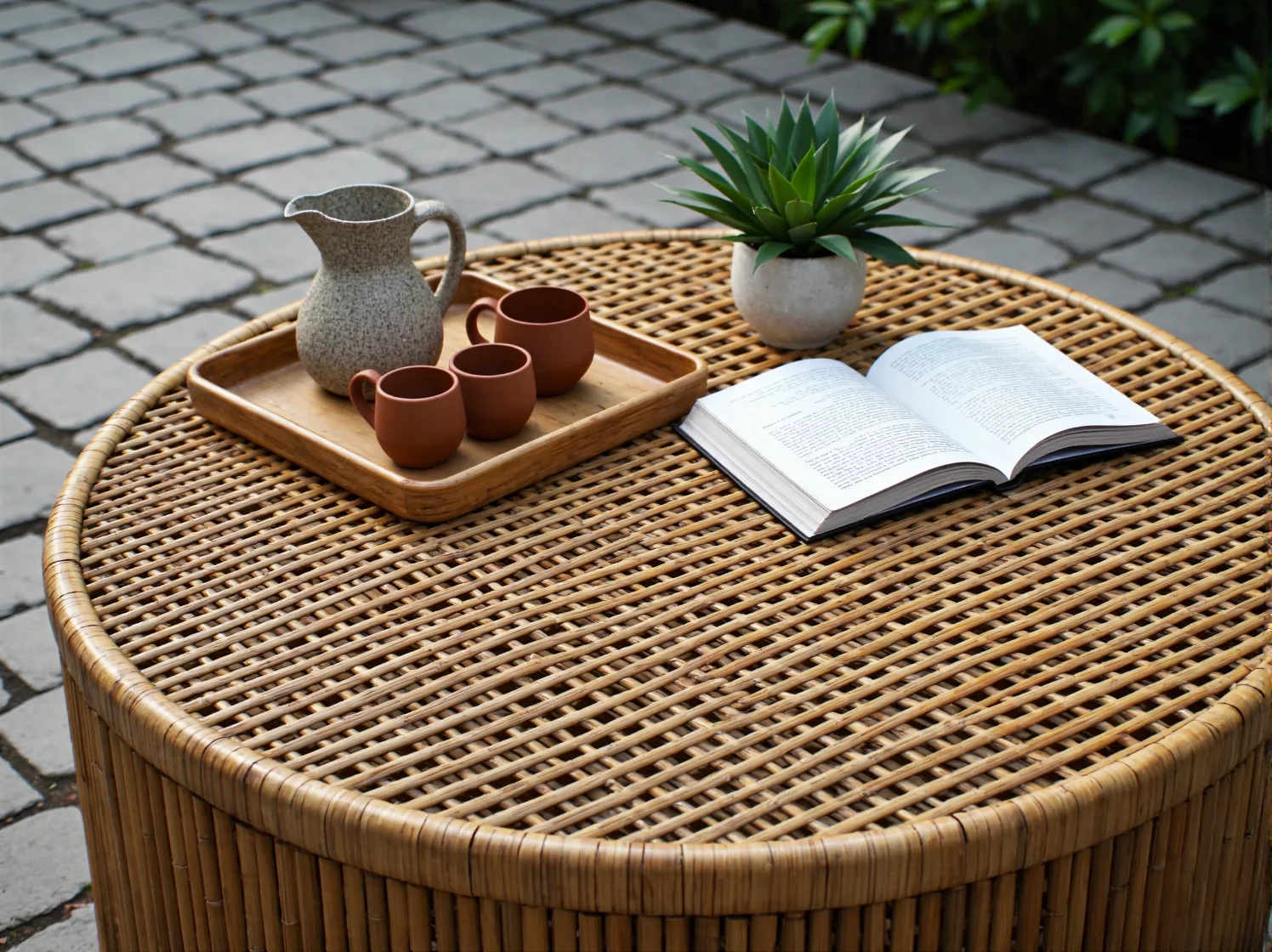 Nowoczesny stolik kawowy z bambusa na balkon w otoczeniu roślin ogrodowych.