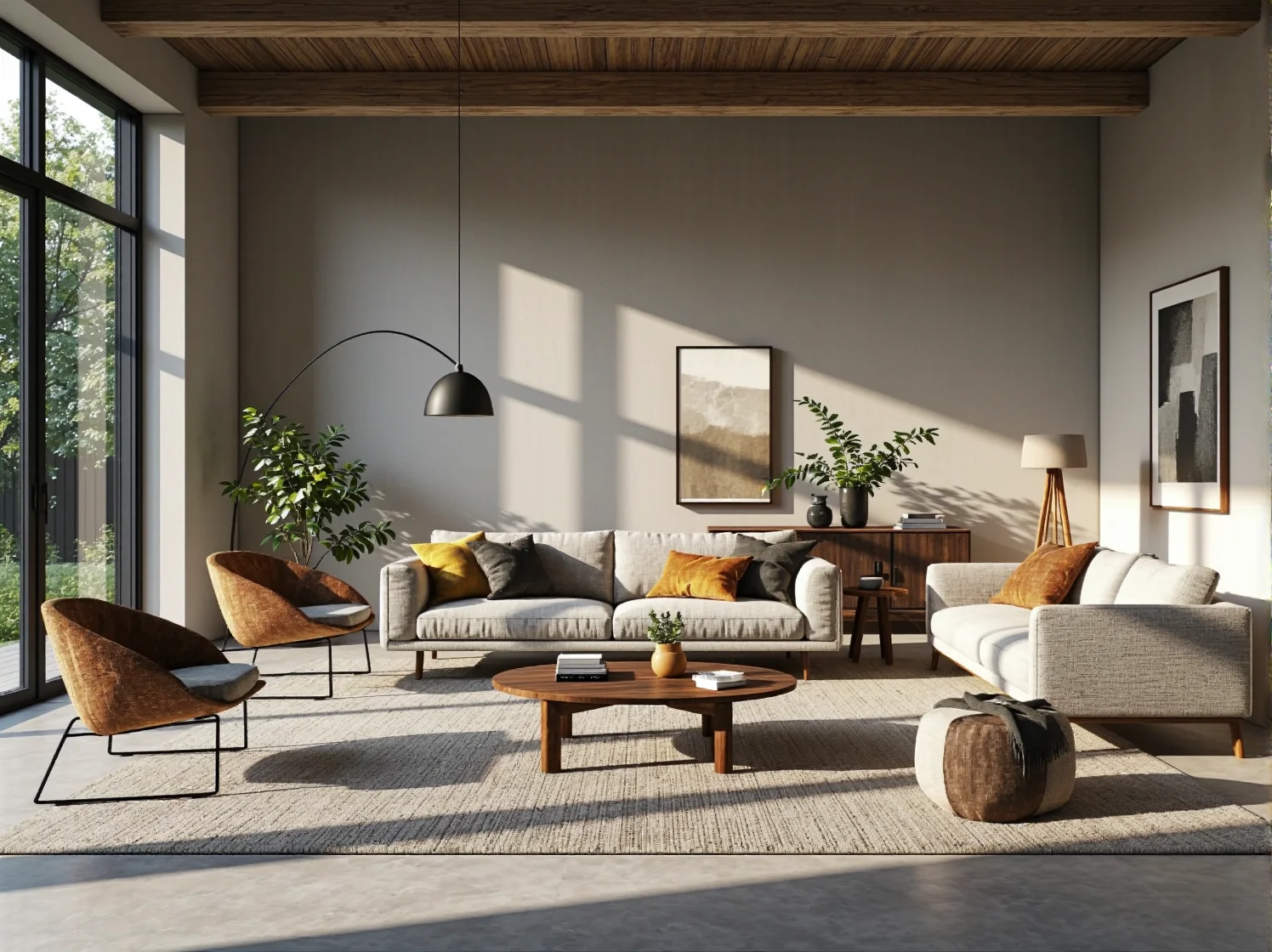 Stylowa kawiarnia z naturalnymi materiałami, drewnianymi stolikami i roślinami doniczkowymi.