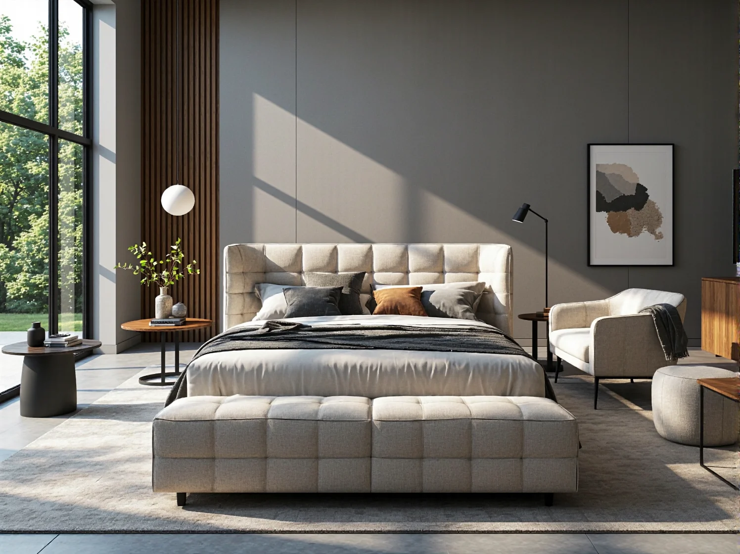 Stylowe łóżko tapicerowane glamour z funkcją przechowywania i wysokim wezgłowiem.