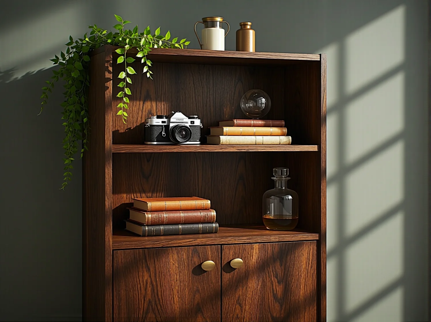 Stylowy regał w stylu retro z charakterystycznymi skośnymi nóżkami.