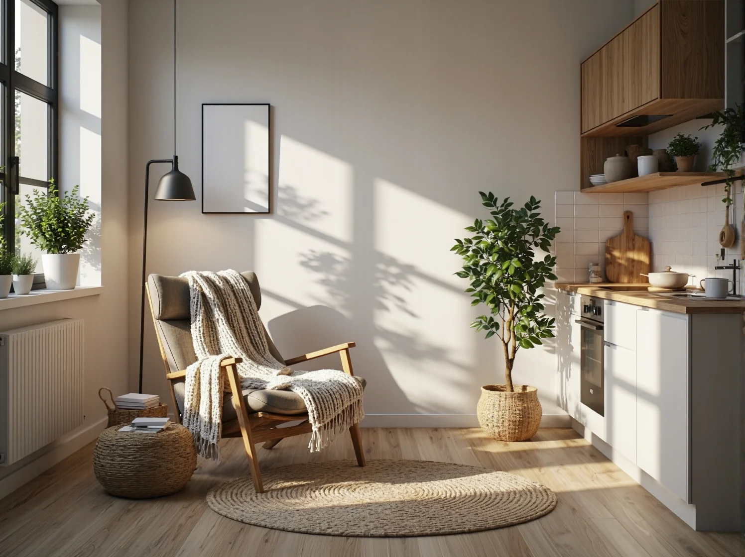 Szary fotel skandynawski typu uszak w jasnej aranżacji salonu, trendy wnętrzarskie na rok 2025.