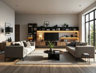 Meblościanka dąb craft z czarnymi półkami i oświetleniem LED