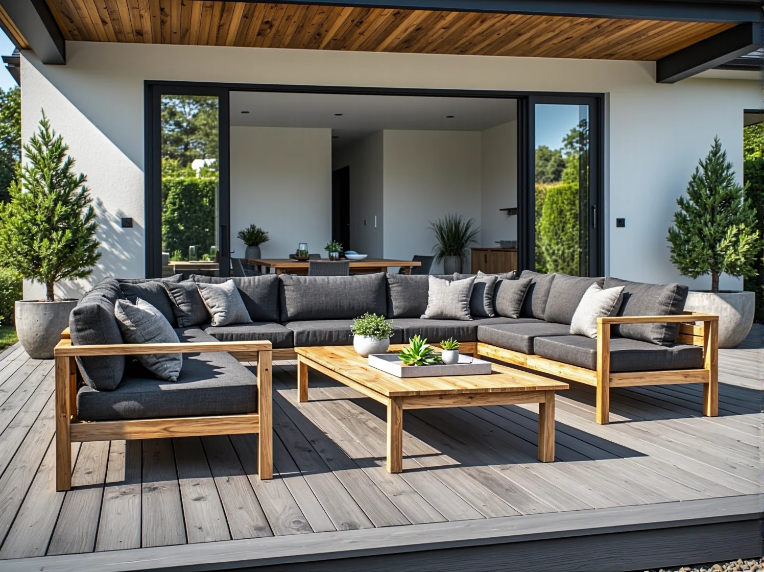 Narożny zestaw wypoczynkowy drewniany z szarymi poduszkami i stolikiem