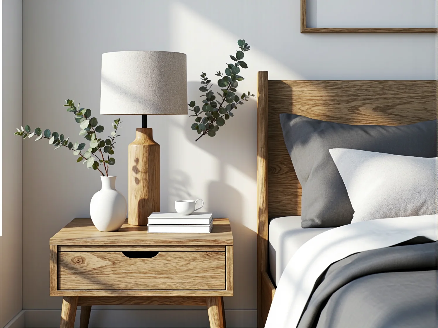 Tekstylia w sypialni hygge – lniana pościel oraz miękki bawełniany koc w stonowanych barwach.