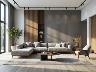 Narożnik tapicerowany szary z drewnianą ramą i poduszkami