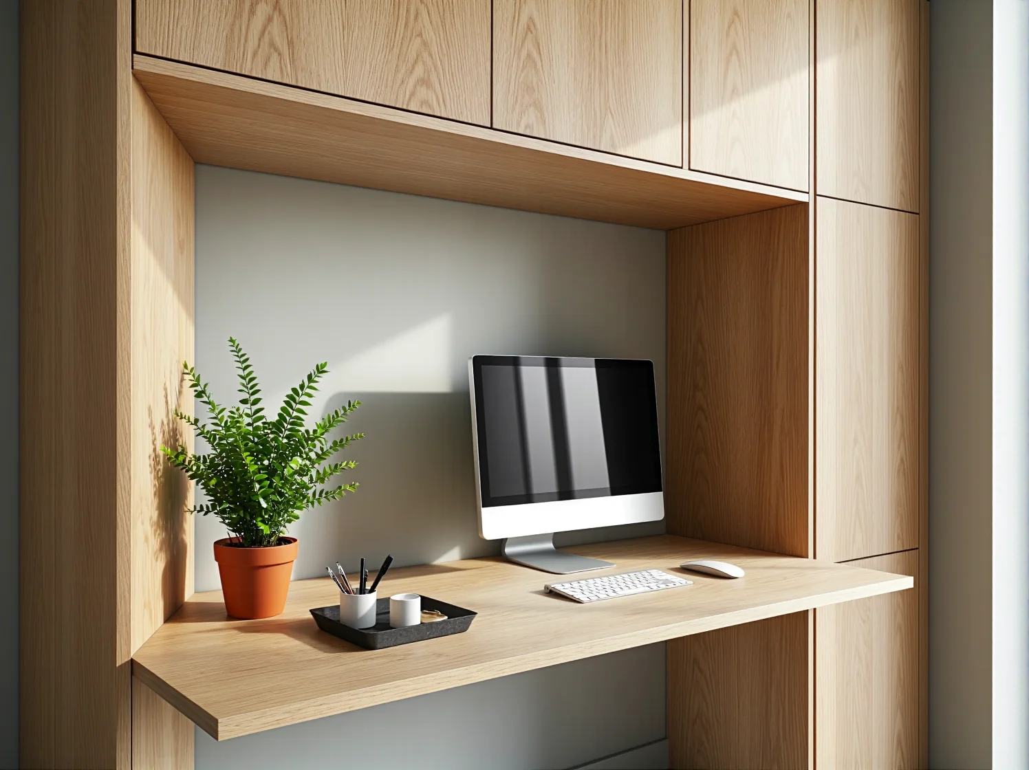 Ukryte biurko w szafie, sprytne rozwiązanie do pracy w kawalerce, oszczędność miejsca