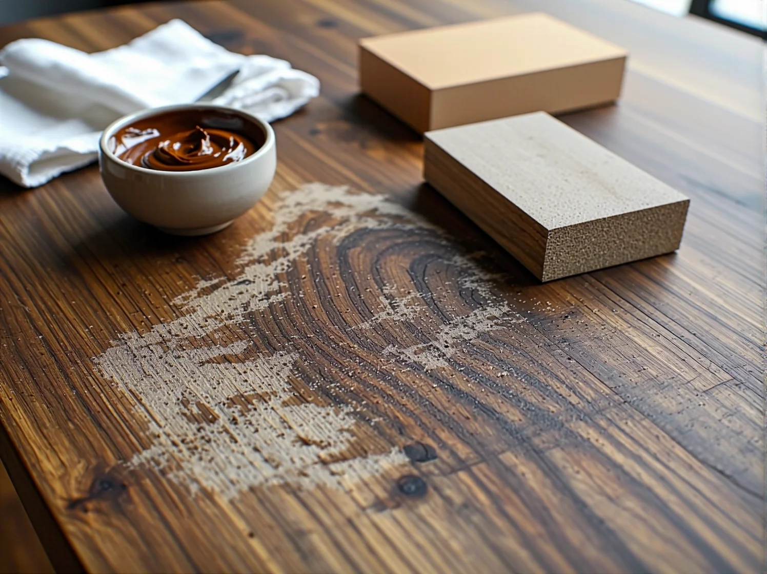 Usuwanie rys z powierzchni mebli przy użyciu specjalistycznych preparatów do renowacji drewna.