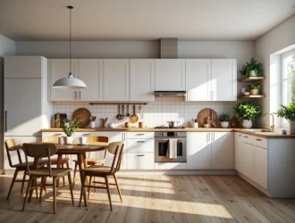 Biała zabudowa kuchenna z drewnianym blatem i okrągłym stołem