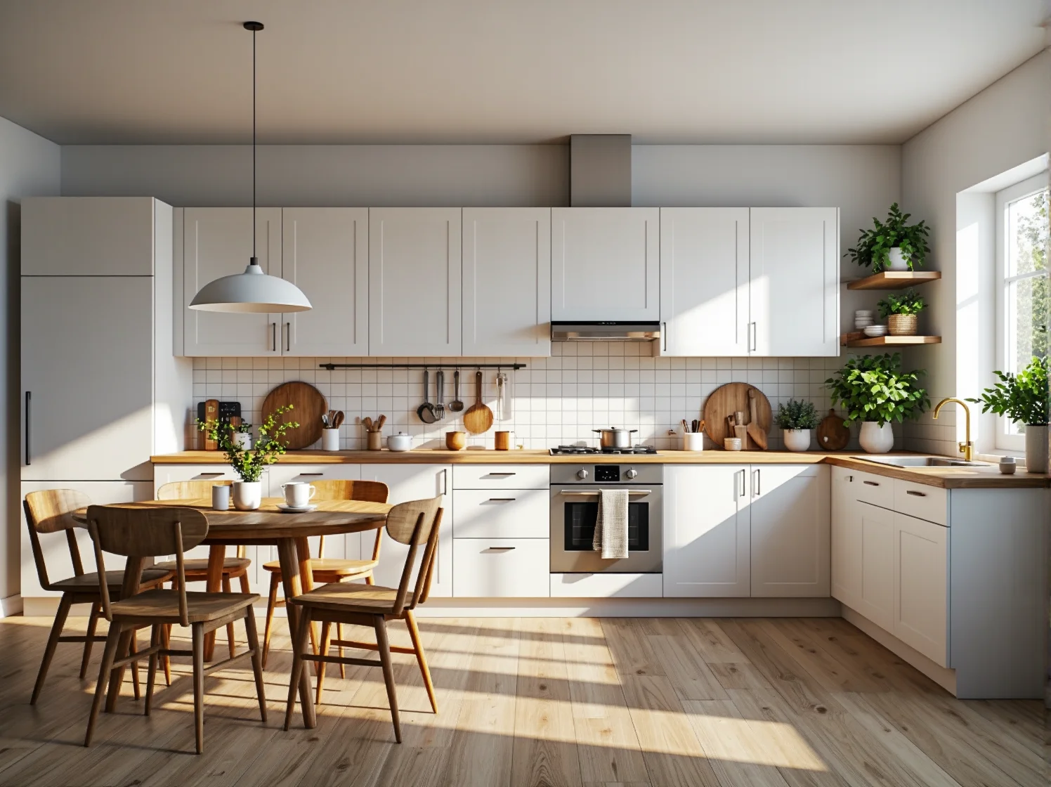 Biała zabudowa kuchenna z drewnianym blatem i okrągłym stołem
