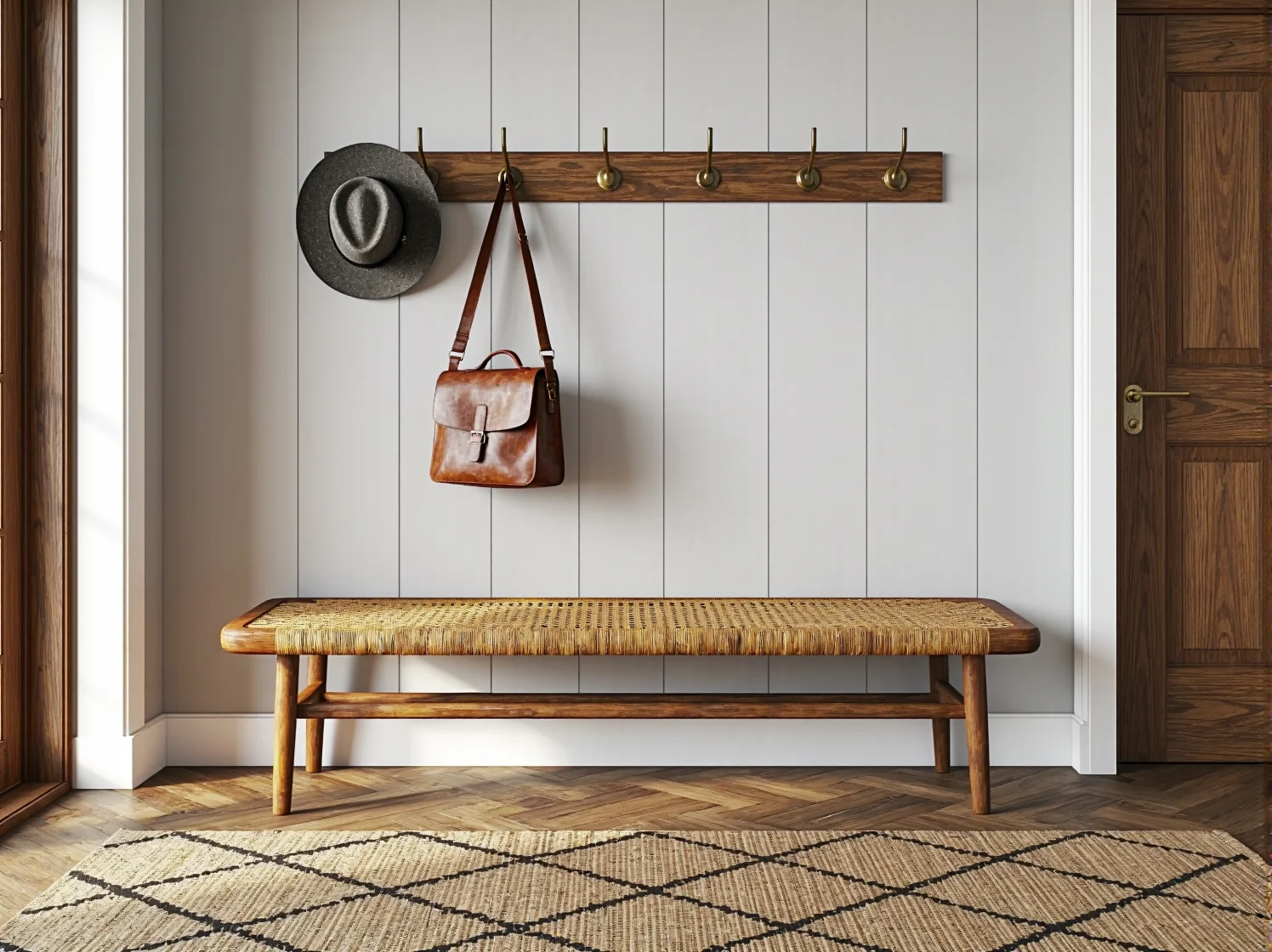 Klasyczny wieszak stojący z drewna - niezbędne meble do przedpokoju vintage.