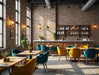 Tapicerowane fotele kawowe w kolorach turkusowym i musztardowym z drewnianymi nogami