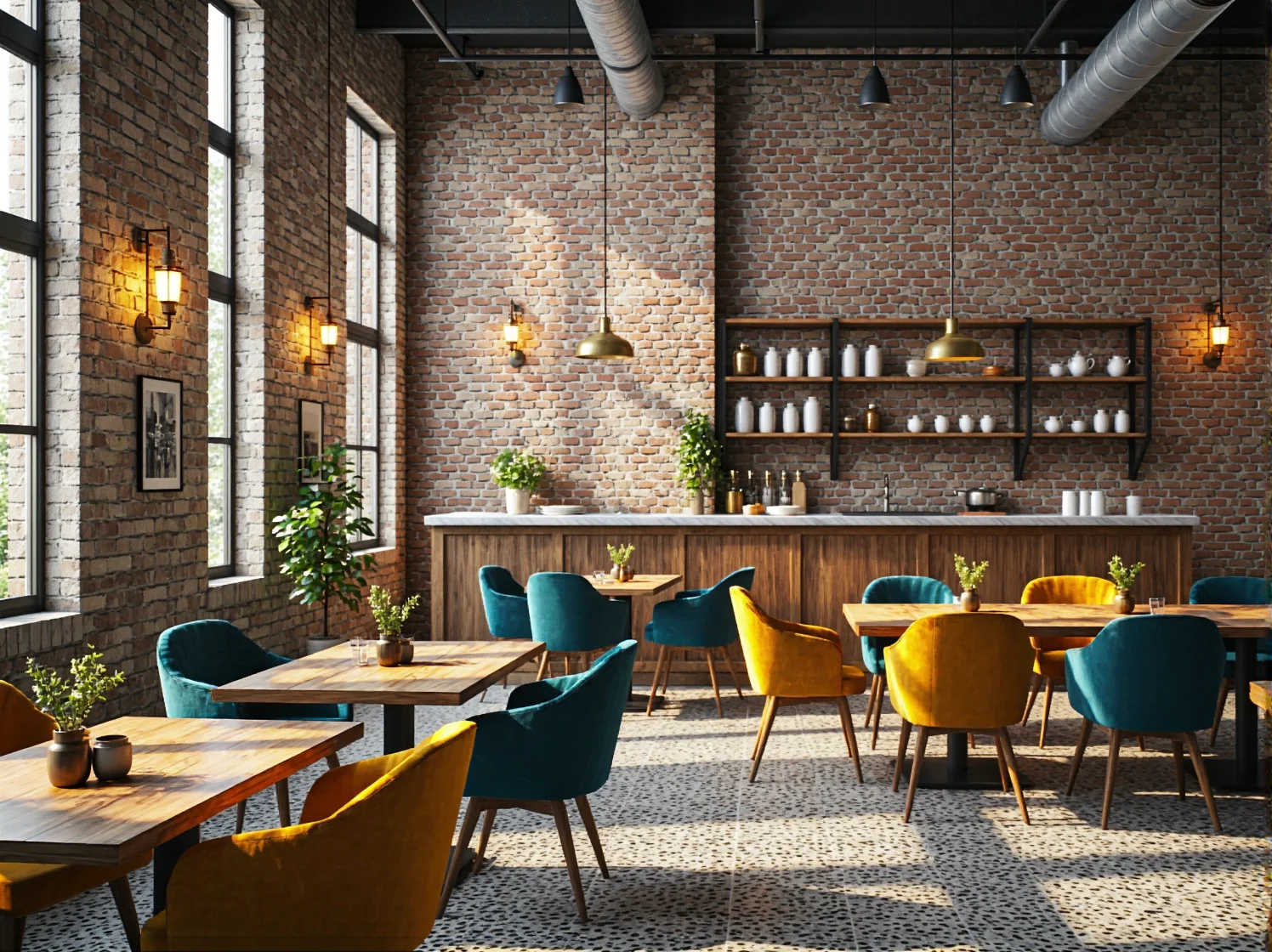 Tapicerowane fotele kawowe w kolorach turkusowym i musztardowym z drewnianymi nogami