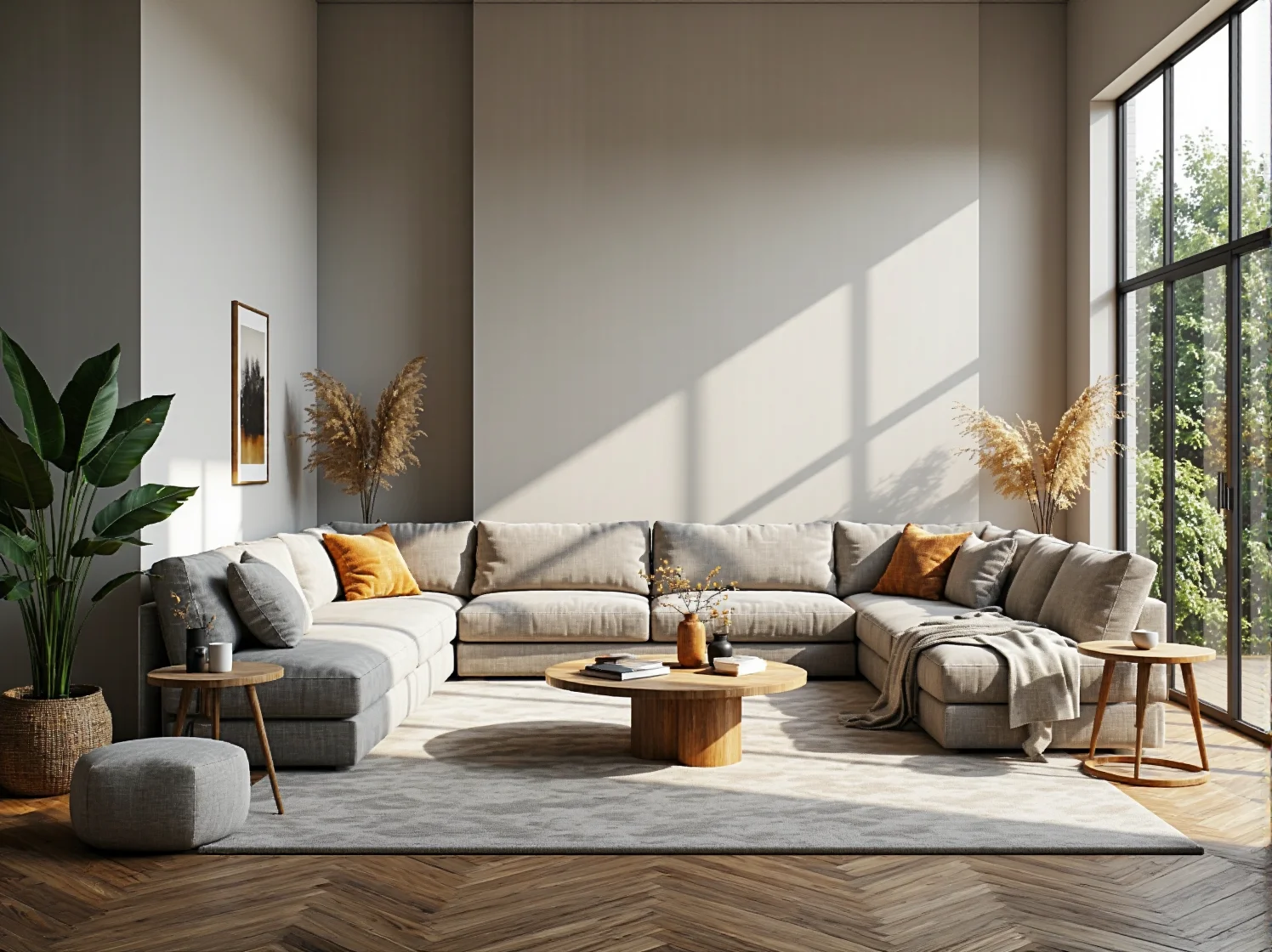 Wnętrze kawiarni inspirowane naturą z elementami z litego drewna i zielenią.