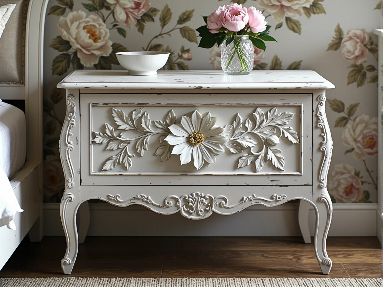 Zabezpieczanie odnowionego stolika nocnego woskiem do mebli dla podkreślenia stylu shabby chic.