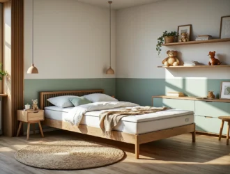 Łóżko drewniane sosnowe z białym materacem antyalergicznym