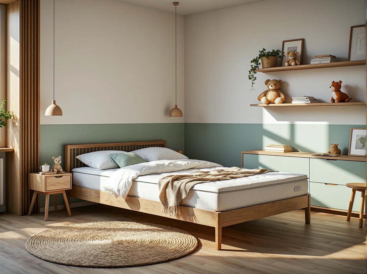 Łóżko drewniane sosnowe z białym materacem antyalergicznym