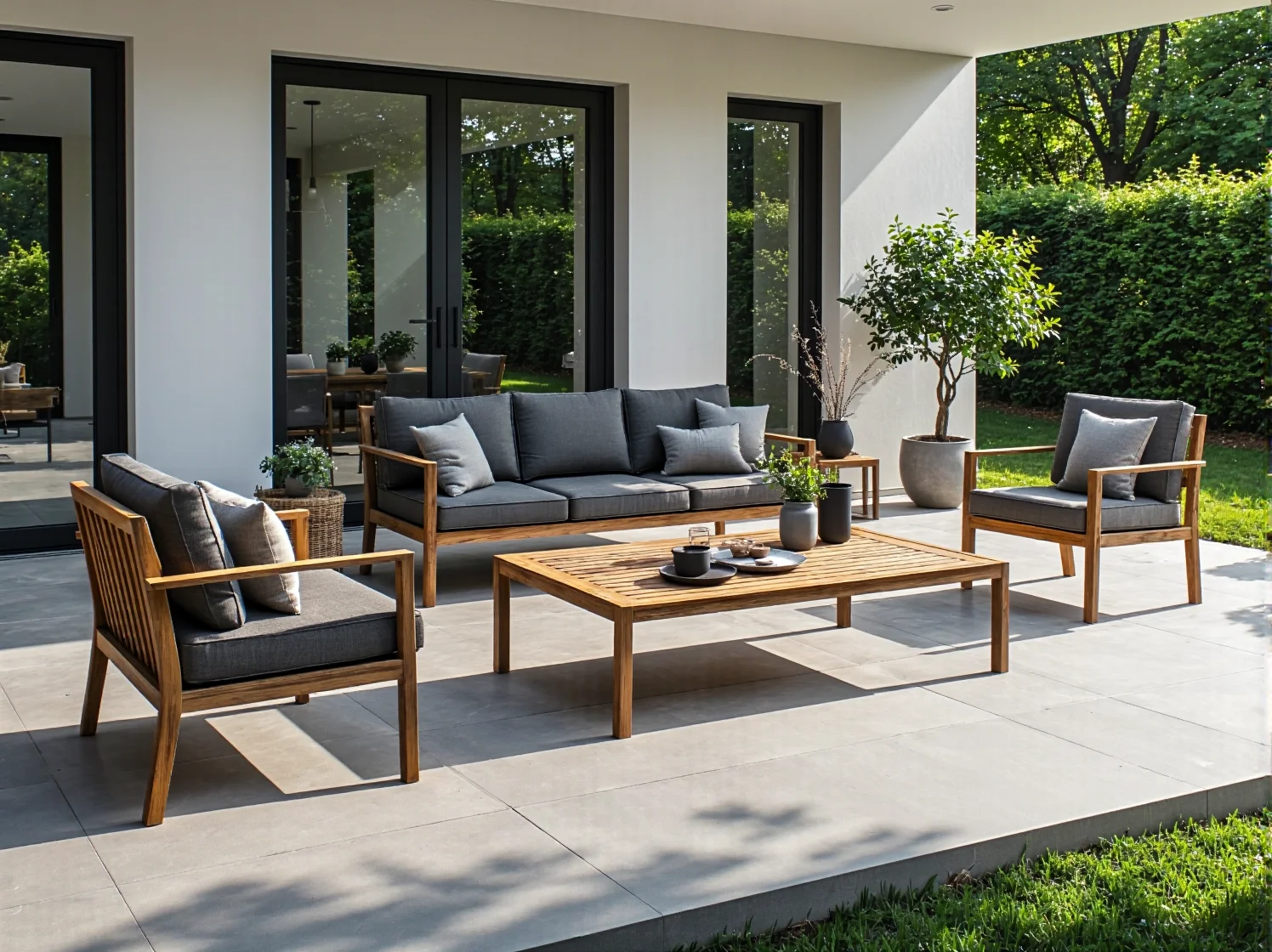 Nowoczesny zestaw mebli ogrodowych z naturalnego drewna na patio